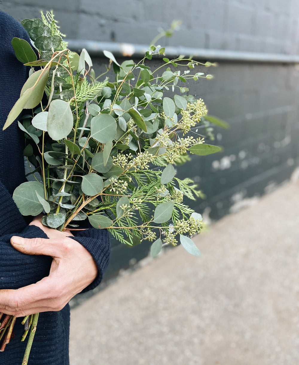 Mixed Eucalyptus & Cedar Bouquet with White Roses
